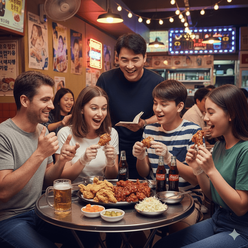 A foreign family experiencing Korean Chimaek culture at a lively local Hof bar, enjoying fried chicken, beer, and drinks together with smiles.