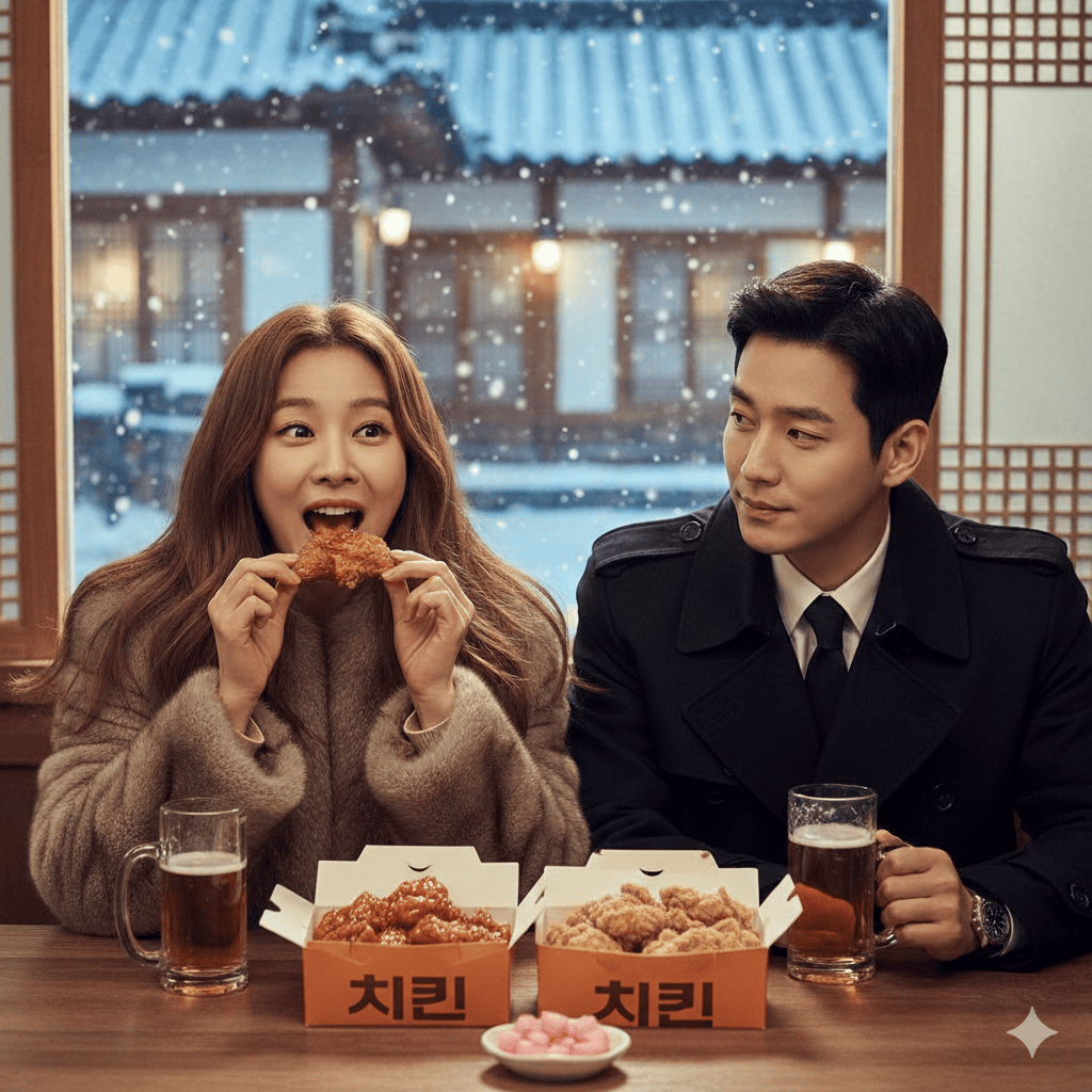 A scene from a K-drama featuring male and female leads enjoying crispy fried chicken and beer (Chimaek) at a cozy restaurant.
