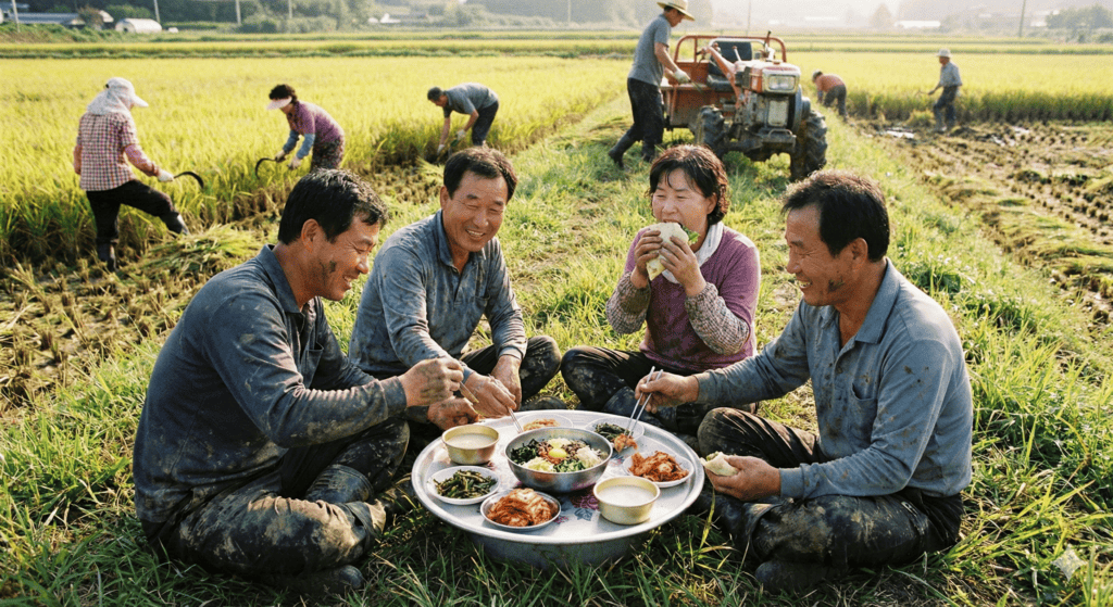 Korean farmers taking a break by a rice paddy, sharing a large bowl of Bibimbap together in a warm communal atmosphere.

