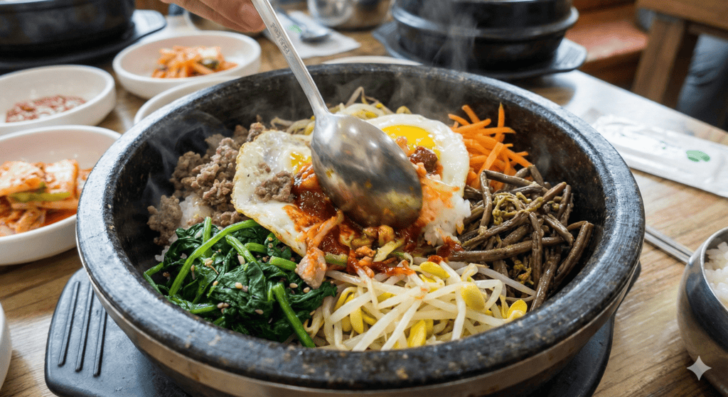 Sizzling Korean Dolsot-bibimbap served in a hot stone bowl with colorful vegetables and a fried egg.