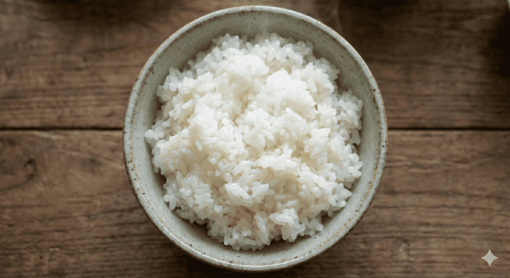 Freshly cooked, warm and fluffy Korean steamed white rice (Gonggibap) with a glossy texture.