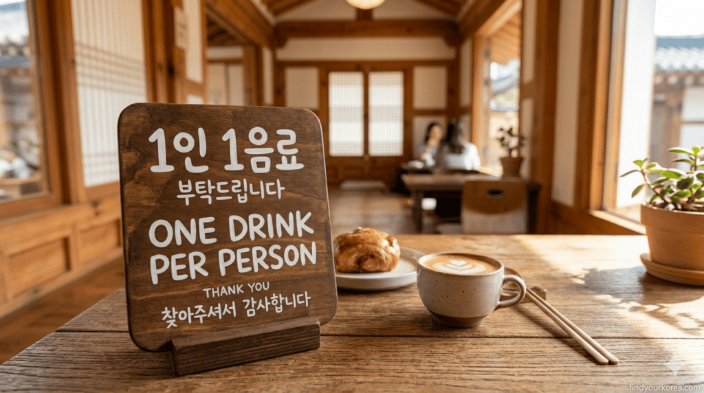 Traditional calligraphy sign '1인 1음료' (One beverage per guest) hanging in a Hanok cafe.
