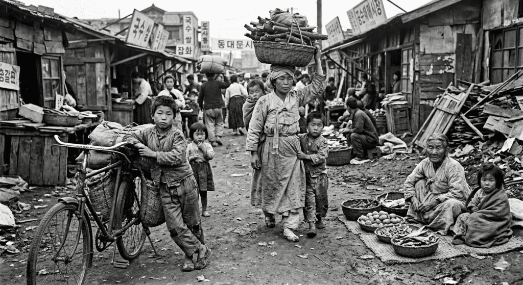 A black and white photograph of a bustling, improvised market alley in post-war Seoul during the late 1950s, showing merchants selling wares in humble stalls.
