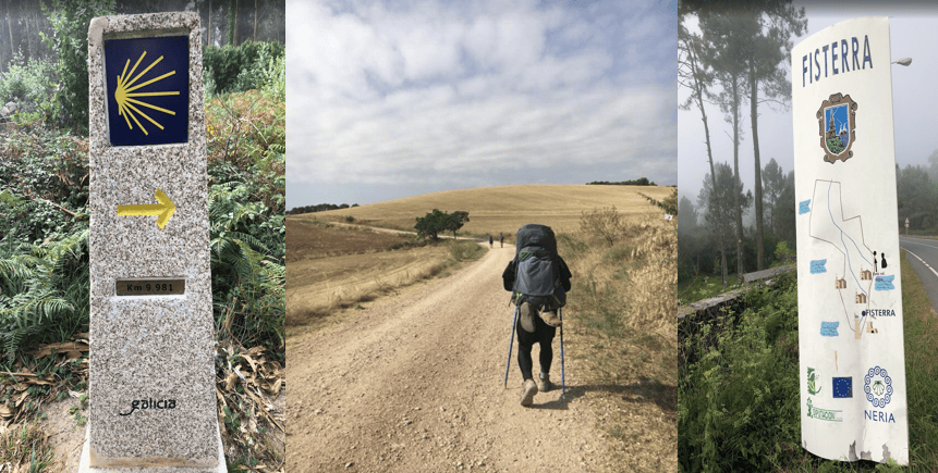 Ben (Sung Kyeong) hiking along the historic Camino de Santiago pilgrimage route, carrying a backpack with the iconic scallop shell attached.