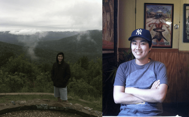 Ben (Sung Kyeong) standing on a rocky overlook in Ouachita National Forest, Arkansas, with panoramic views of the forested mountains behind him.
Your local guide Ben enjoying the lively atmosphere of New Orleans, Louisiana, perhaps near a jazz club or on Bourbon Street.