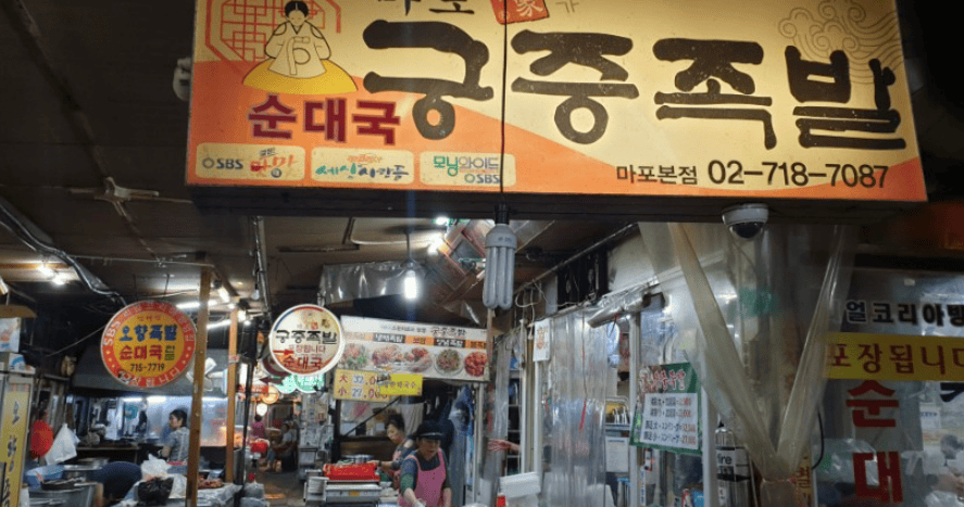A narrow, busy food alley in Mapo, Seoul, lined with numerous Jokbal restaurants and displays of freshly prepared glazed pig's trotters.