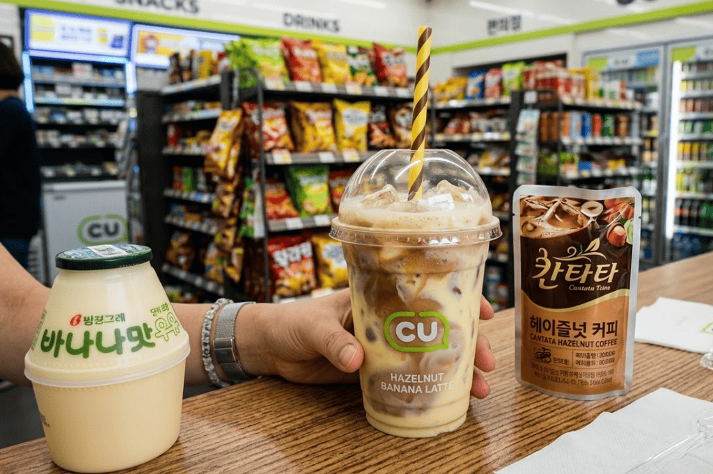 A refreshing #KFood DIY recipe: Hazelnut latte made with banana milk and coffee, served in a convenience store ice cup.