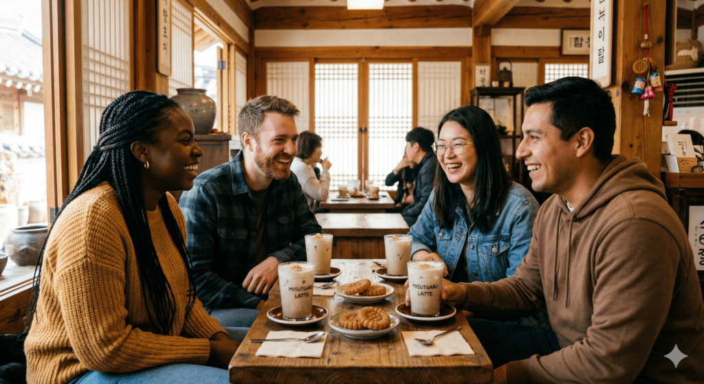Foreign tourists enjoying conversation with traditional Korean drinks and Yakgwa cookies at a charming Hanok cafe
