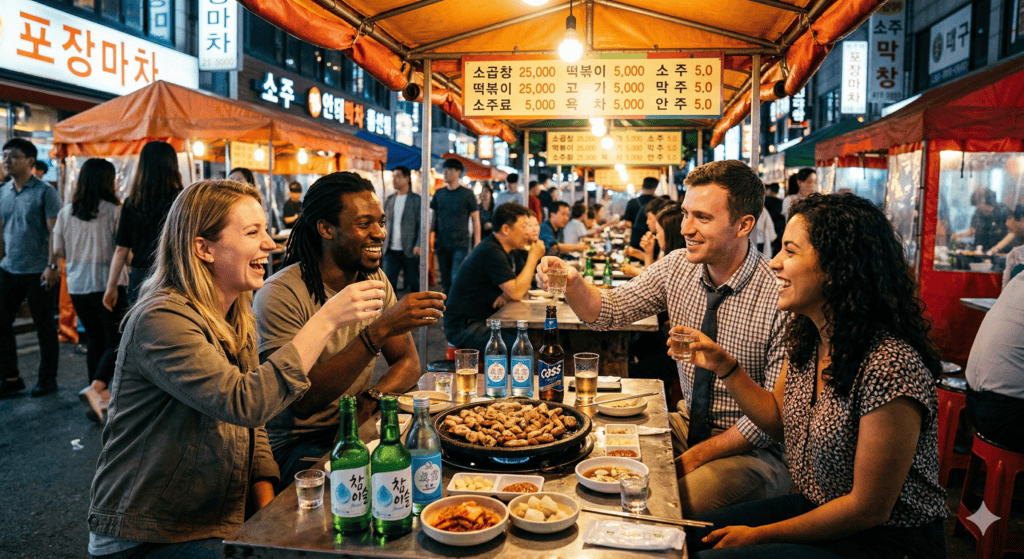 International travelers enjoying a night out at a traditional Korean Pojangmacha (outdoor street bar) under a red tent, sharing drinks and small plates of Anju in a lively alleyway.