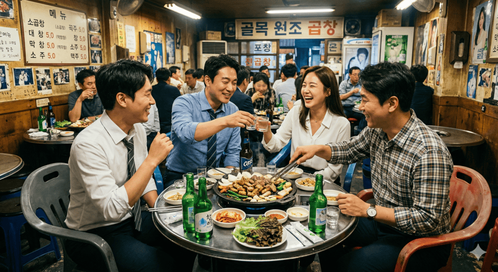 Colleagues in office attire raise a glass of chilled Soju to toast over a lively, sizzling grill of Korean Gopchang (beef intestines) after work, a classic Anju spread.