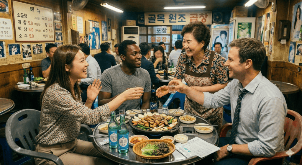 Adventurous tourists experiencing Seoul’s nightlife, sharing a meal of seasoned Gopchang BBQ and drinks at a local alleyway tavern.