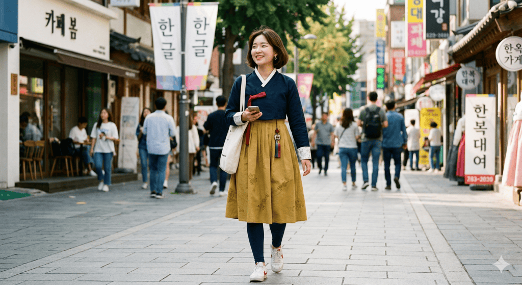 Woman in fashion-forward modern Korean Hanbok walking along Insadong Culture and Arts Street. A trendy and comfortable blend of tradition and current styles. Top Seoul attractions experience.