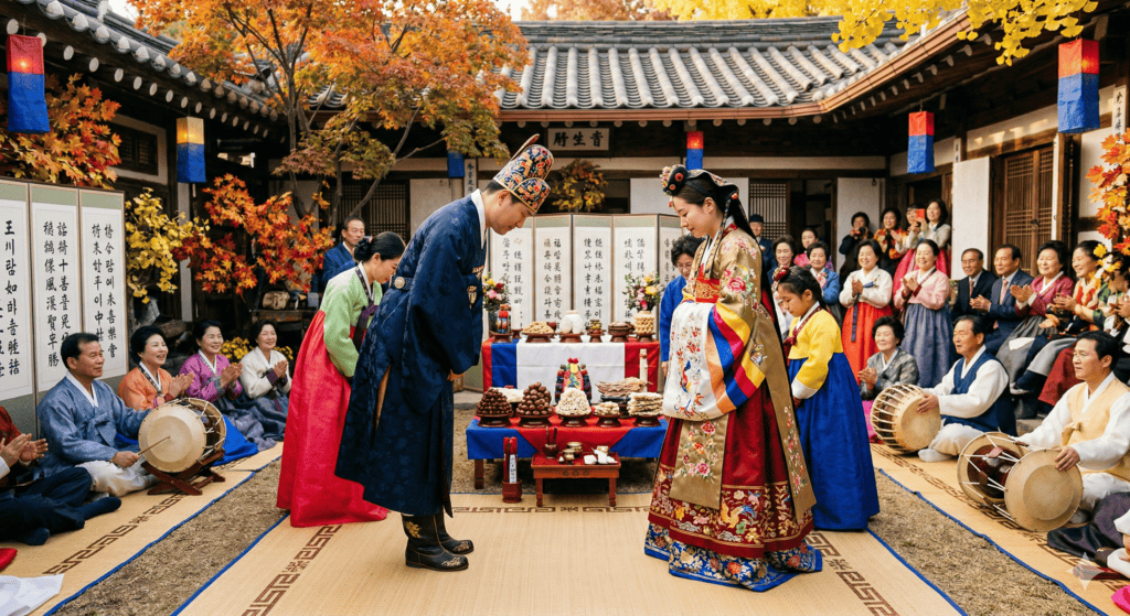 Traditional Korean wedding attire. The bride wears a richly embroidered crimson Hwarot, and the groom wears an official blue robe with a black hat, representing the timeless beauty and cultural heritage of Korean marriage customs.