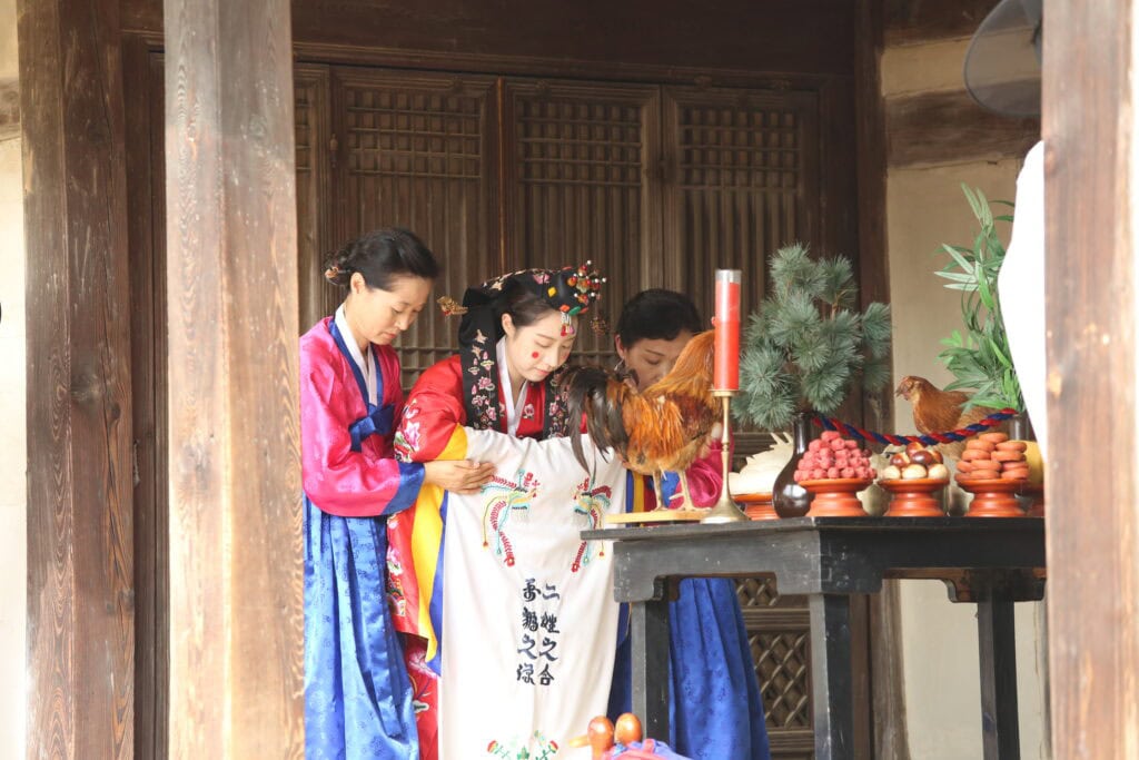 Traditional Korean bride in a richly embroidered royal bridal robe (Hwarot) and a ceremonial black coronet (Jjokduri). A stunning display of Korean wedding heritage and the elegant aesthetic of a Joseon-style bride.
