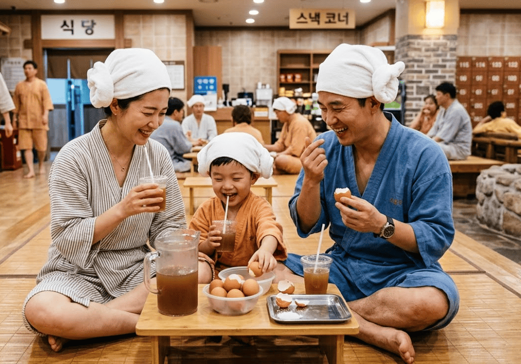 A happy Korean family (mom, dad, son) wearing adorable sheep head towels, smiling at a Jjimjilbang (sauna).