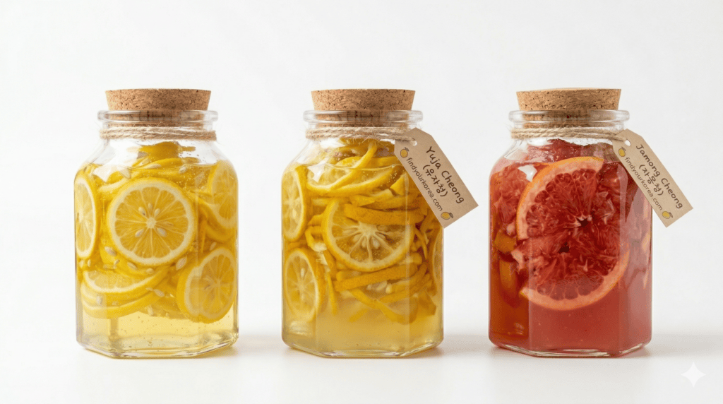 Close-up of three jars showcasing layered sugar and fresh slices of lemon, yuja, and grapefruit for traditional Korean Cheong.