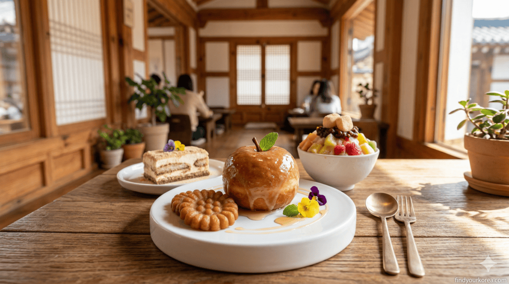 Traditional Korean Hanok cafe table with Yakgwa (honey pastry), Gaeseong Juak (glazed donut), and fruit Bingsu (shaved ice)