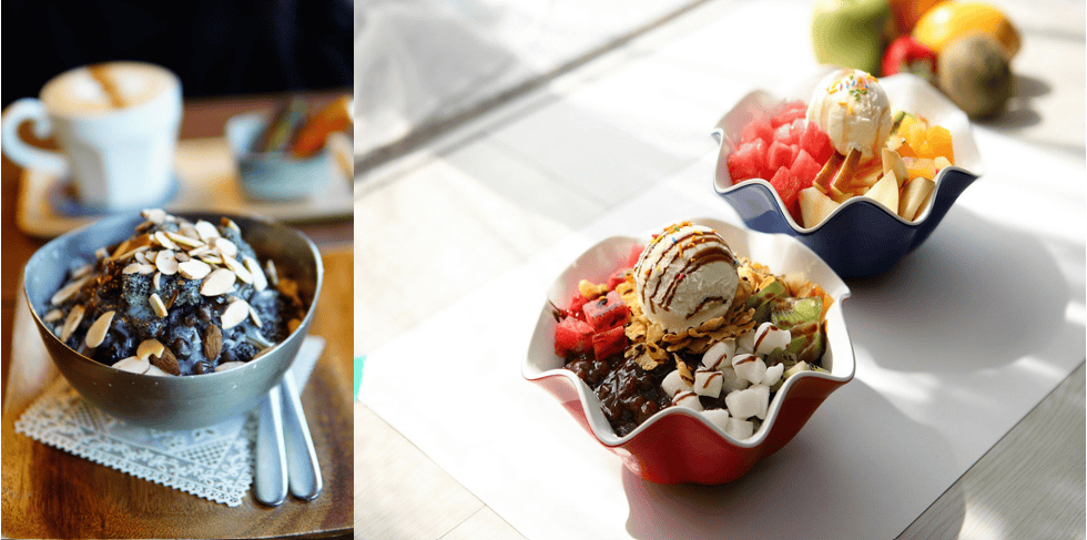 Traditional Korean Patbingsu: Shaved ice topped with sweet red bean paste and chewy rice cakes, and almond chopped.
Refreshing Korean fruit bingsu with various seasonal fresh fruit toppings and ice cream on top
