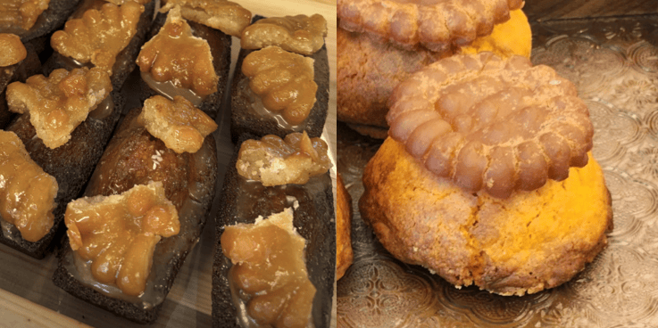 Traditional Korean Yakgwa honey cookie topped on a French-style financier.
A chewy Yakgwa honey cookie placed on top of a thick, stuffed cookie