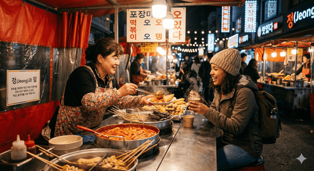 A foreign woman experiencing "Deom" (extra food for free) from a kind Tteokbokki stall owner in a traditional market.