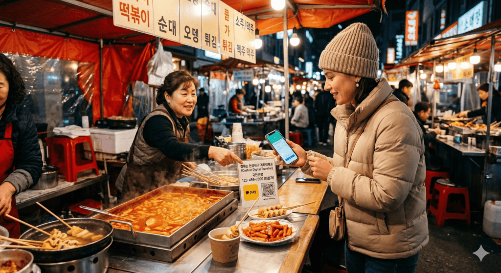 A foreign tourist experiencing Korea's cardless payment system, completing a bank transfer for her street food order at a lively stall.