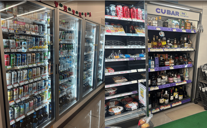 A diverse range of domestic and imported beers available 24/7 at a South Korean convenience store.