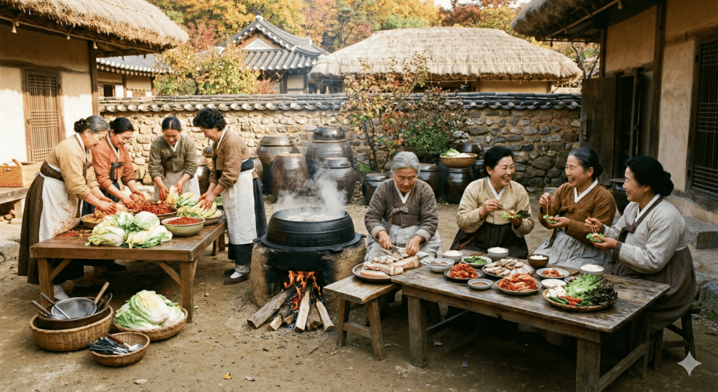 A historical scene from the Joseon Dynasty featuring Korean women in traditional Hanbok making Kimchi together (Gimjang) and boiling pork (Suyuk) in a large iron cauldron.