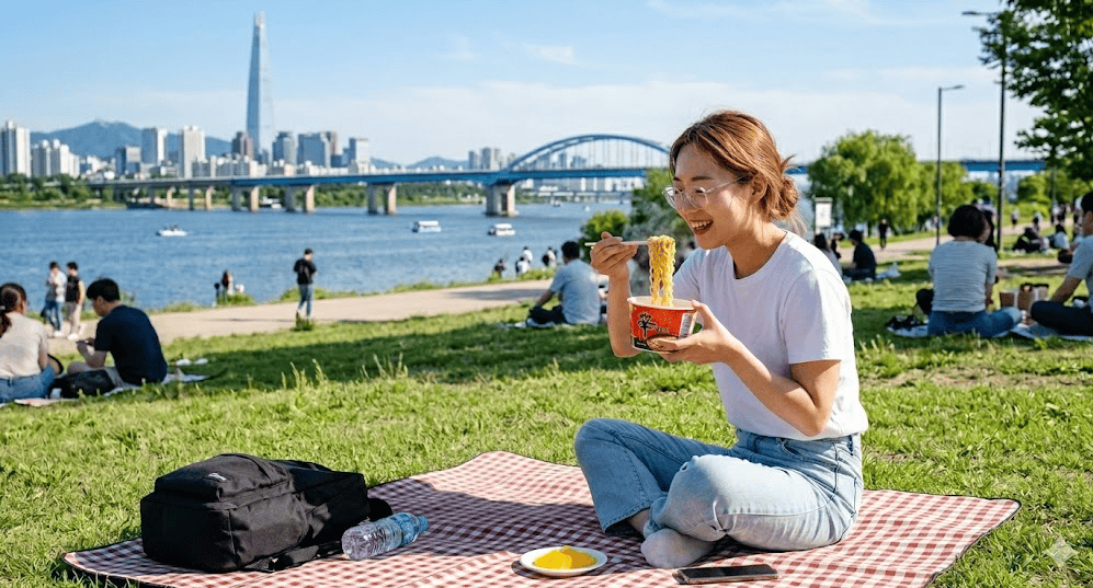 Enjoying delicious Korean ramyun in a disposable paper bowl on a picnic mat, with a scenic view of the Han River and Seoul skyline.