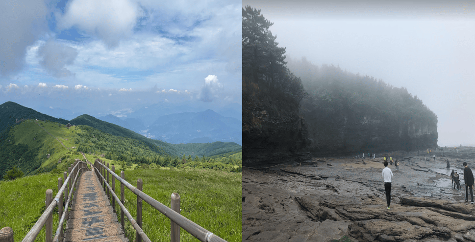 Stunning panoramic scenery from Birobong Peak at Sobaeksan National Park, featuring layers of mountains peaking through white clouds on a misty day.
The historic and layered rock formations of Gyeokpo Chaeseokgang Cliffs on a cloudy day.