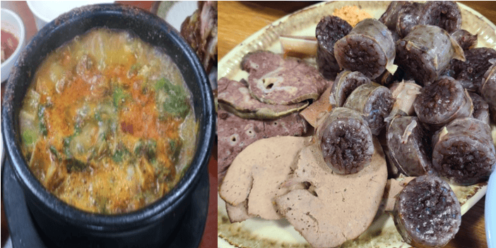 Traditional Korean Sundae-guk soup and a platter of assorted blood sausages and pork organ meats.