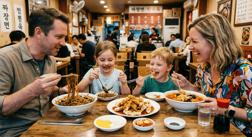 A happy foreign family sharing a diverse Korean-Chinese feast, including Jajangmyeon, Jjamppong, and Tangsuyuk, while enjoying a warm and welcoming atmosphere at a local restaurant.