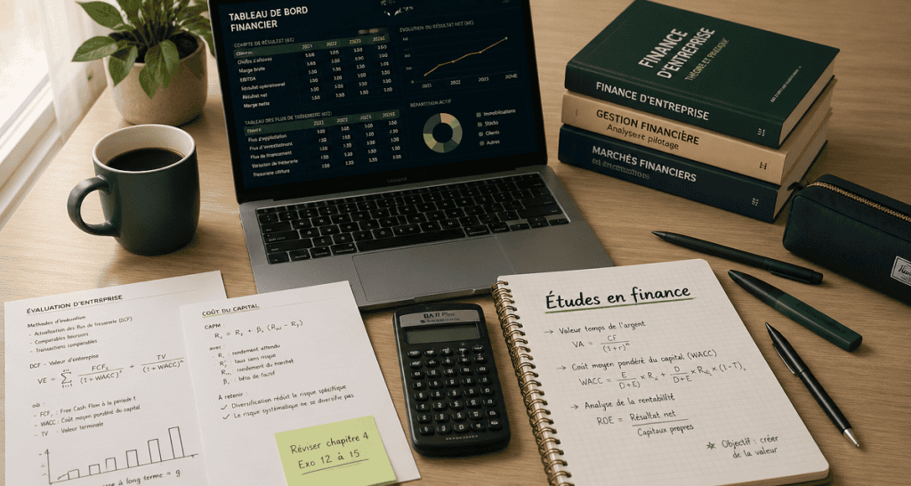 bureau d'etudiant en finance avec ordinateur et carnet
