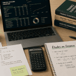 bureau d'etudiant en finance avec ordinateur et carnet