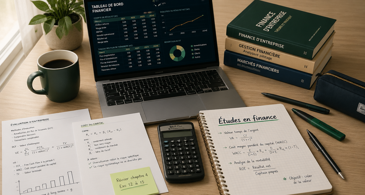 bureau d'etudiant en finance avec ordinateur et carnet