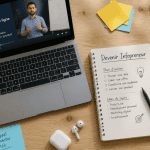 Bureau d’infopreneur avec ordinateur et carnet