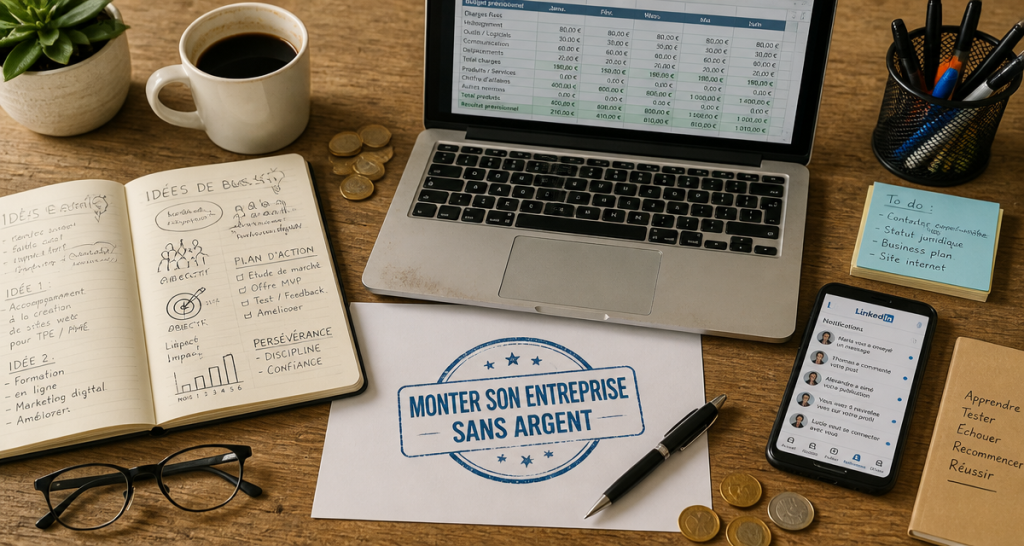 comment monter son entreprise sans argent flat lay bureau