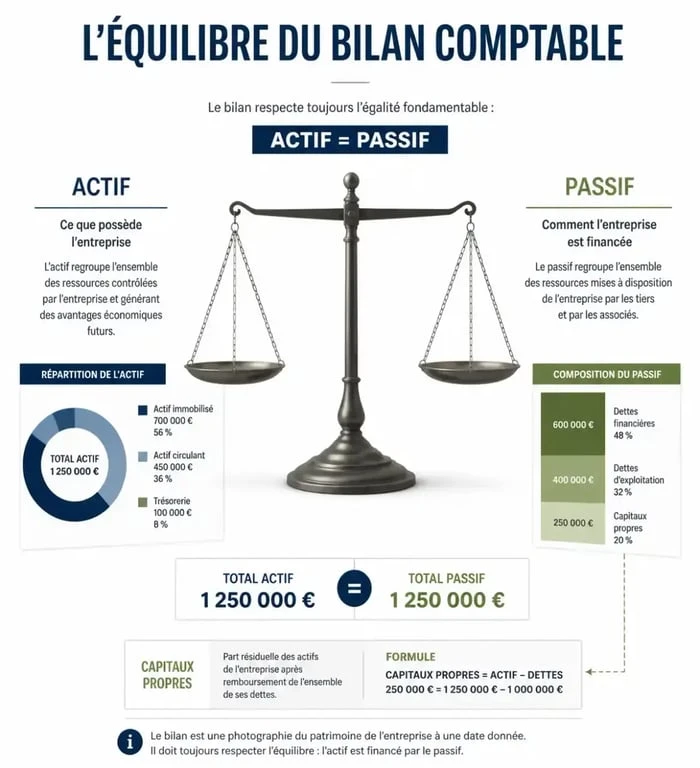 Infographie illustrant le fonctionnement d'un bilan financier négatif et les capitaux propres