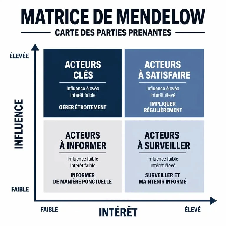 Matrice de Mendelow pour la carte des parties prenantes : analyse de l'influence et de l'intérêt des acteurs clés.