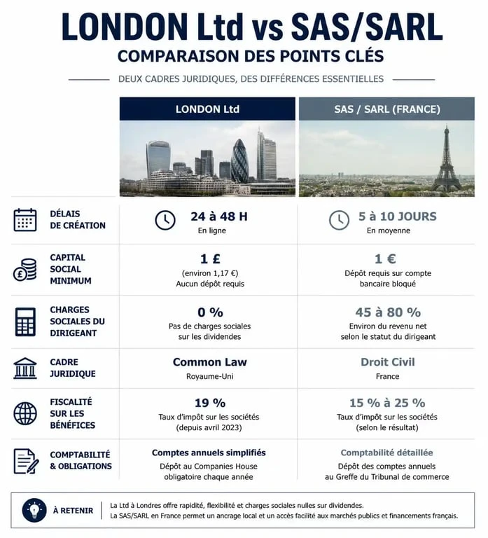 Tableau comparatif des avantages de la création d'une société à Londres par rapport à la France