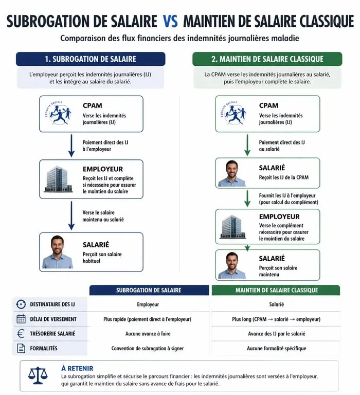 Schéma comparatif du fonctionnement de la subrogation de salaire et du maintien de salaire classique pour les entreprises
