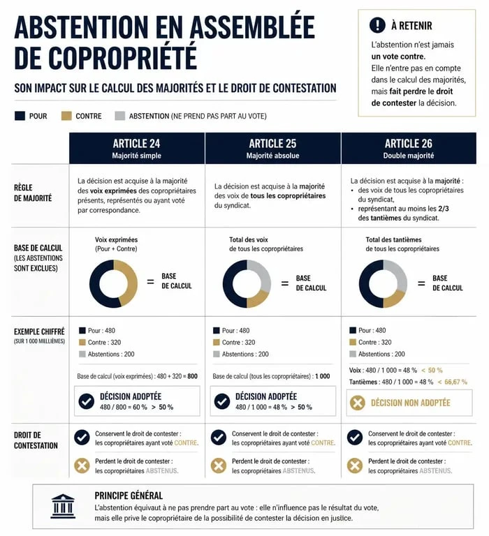 Infographie sur les conséquences de l'abstention lors d'un vote en AG de copropriété et calcul des majorités