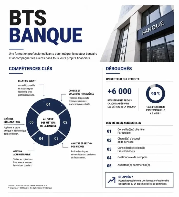 Infographie sur le BTS Banque à distance : compétences, programme et débouchés professionnels