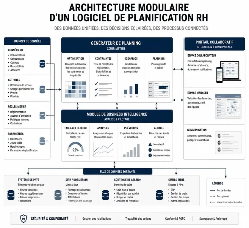 Schéma de l'architecture modulaire du logiciel Equitime planning pour la gestion des ressources humaines