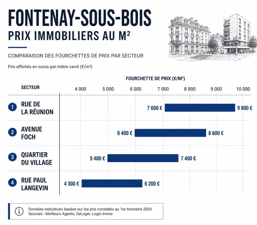 Graphique comparatif des prix au m2 à Fontenay-sous-Bois par quartier