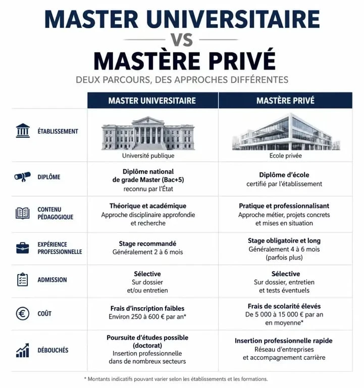 Infographie comparative entre le diplôme national de Master et le label Mastère pour choisir son orientation après un bac+5.