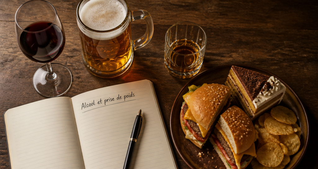 Alcool et prise de poids, boissons et aliments sur table