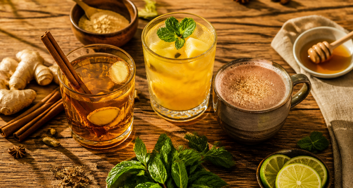 Boisson aphrodisiaque fait maison sur table en bois avec épices et fruits