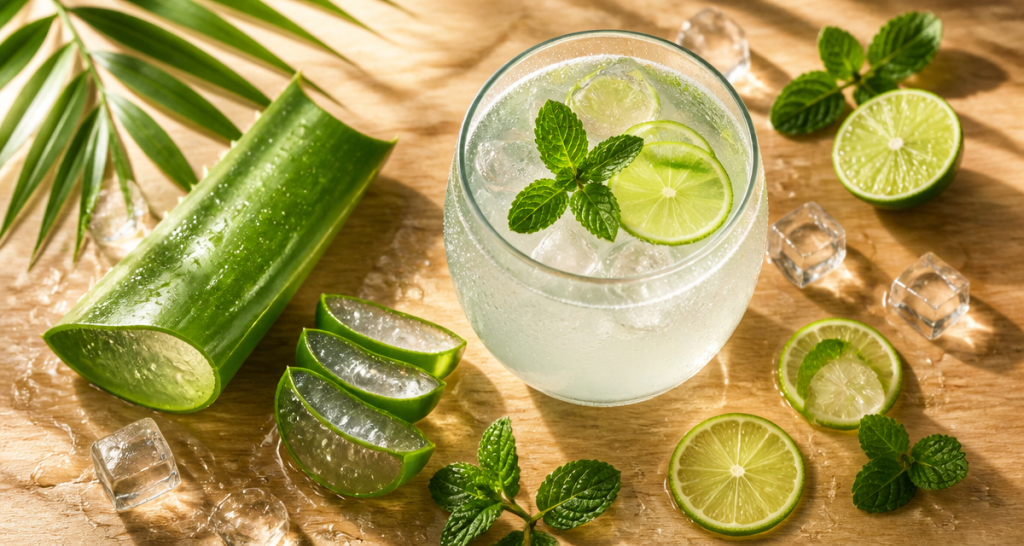 eau de coco et aloe vera pour maigrir, boisson fraîche sur table