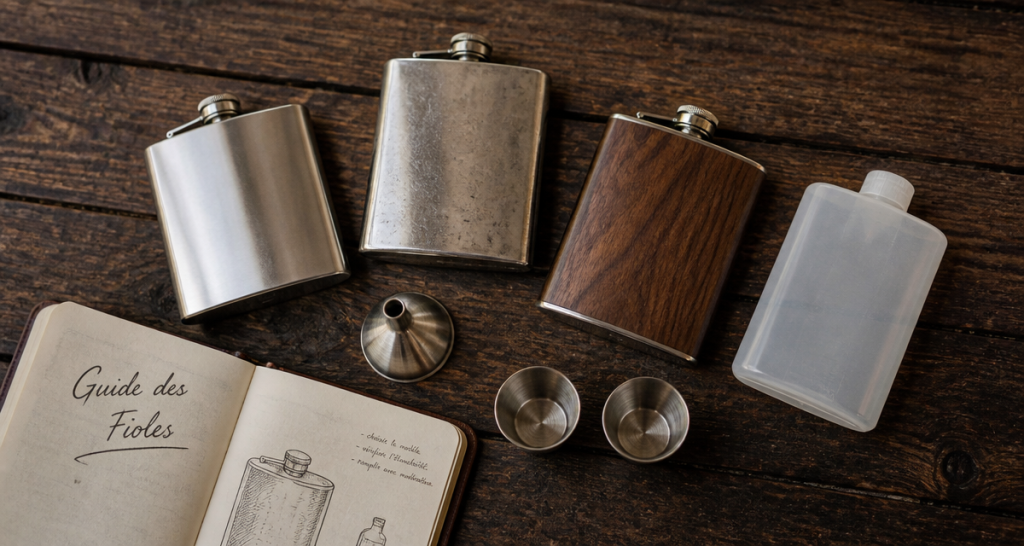 fioles alcool acier bois argent plastique sur table