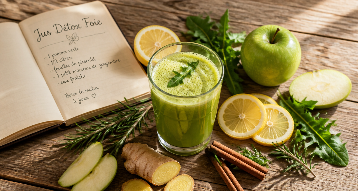 Jus detox pour le foie avec pomme citron pissenlit sur table